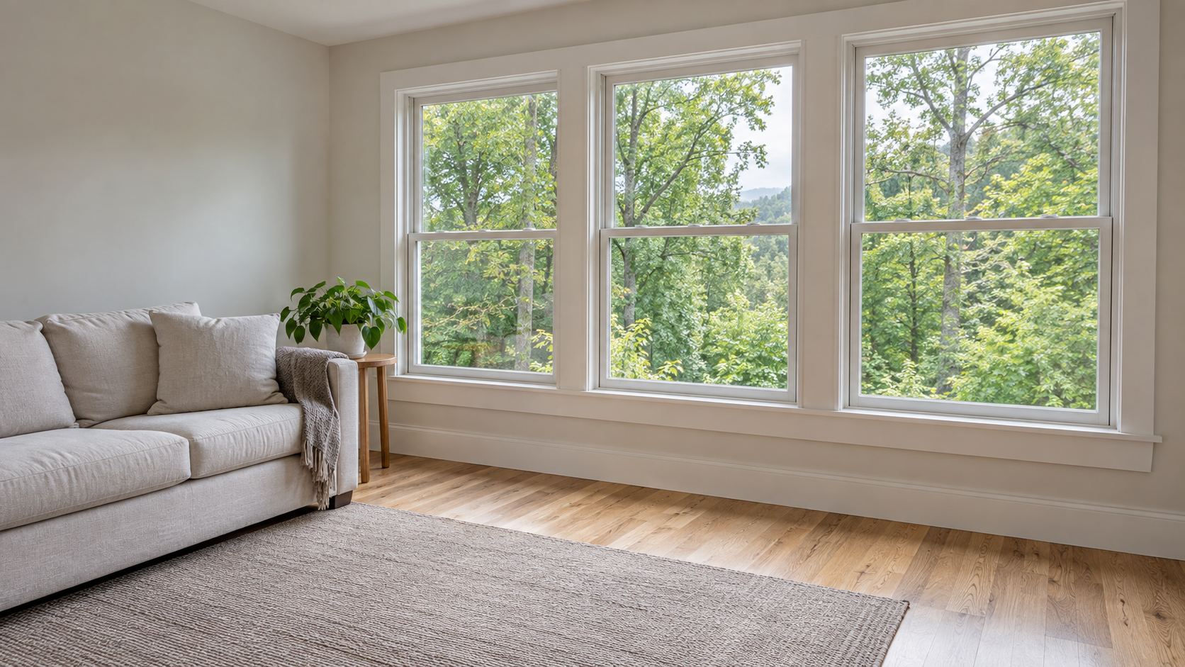 A bright living room with three clean windows onto green trees
