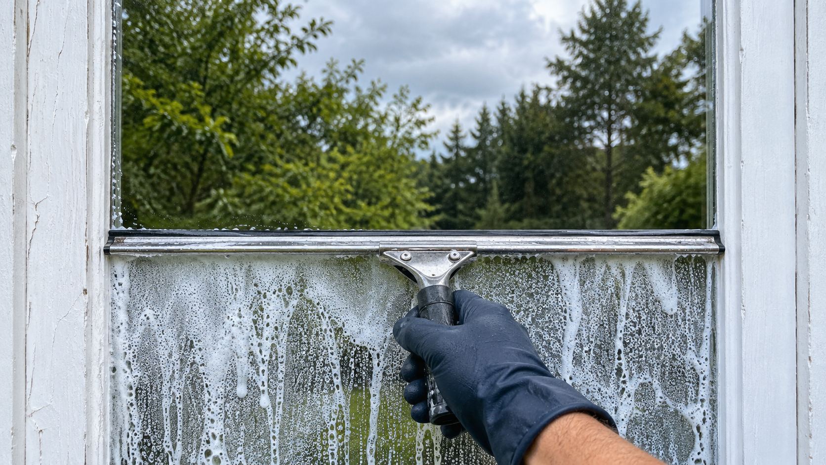 A squeegee pulling a clean stripe down a soapy window